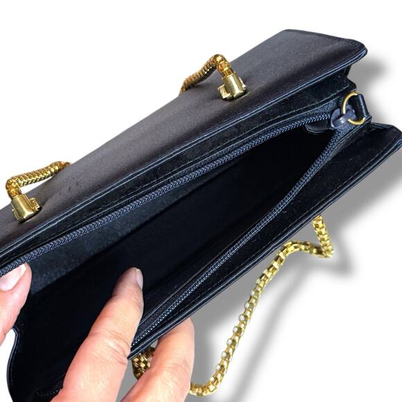 La Regale Evening Mini Cocktail Bag Navy Blue Satin Gold Tone Mesh Chain Handles - Picture 10 of 11